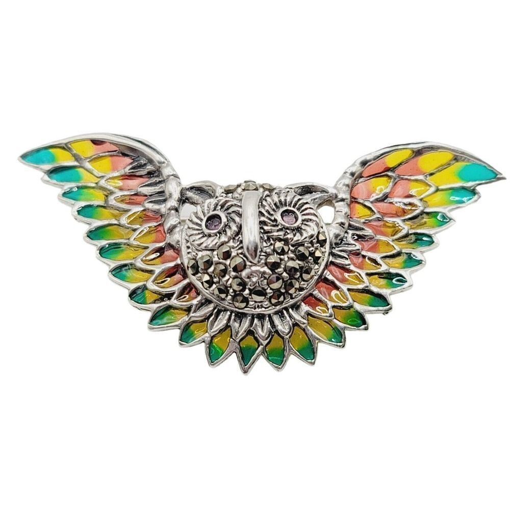Handmade 925 Sterling Silver‎ Plique Enamel Ruby Marcasite Brooch Owl in Flight